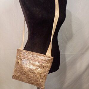 Vintage PARIS Metallic Iridescent Reptile Embossed Flat Crossbody Bag Zip-top